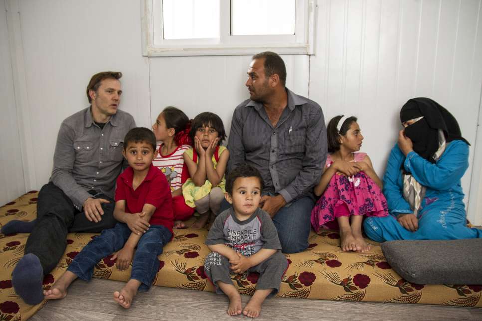 David Morrissey UNHCR High profile supporter speaks with Abu-Ibrahim, a Syrian refugee and former businessman