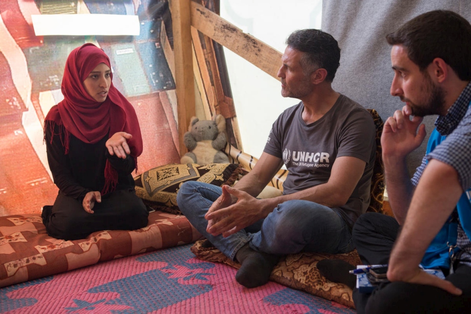 Khaled Hosseini meets with Syrian refugee Noura (27-year-old) who single-handedly takes care of her 5-year-old son, Ziad, and her 3-year-old daughter, Rawa'a after her husband, Mohamad (30 yrs old), travelled to Germany via the sea crossing from Turkey to Greece and then overland.  Mohamad and Noura are originally from Homs in Syria.  They fled to Lebanon in 2012 to seek safety. Despite tough livelihood conditions, Noura holds out strong hope that she and her children will be reunited with their father sometime soon.  Mohamad has applied for family reunification through the German Embassy.