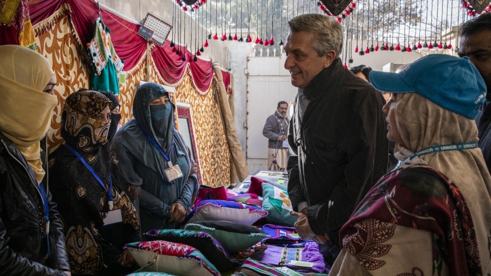 UN High Commissioner for Refugees Filippo Grandi meets with Afghan refugee women working to develop their handicraft skills through the Safe for the Start programme in Quetta, Pakistan.