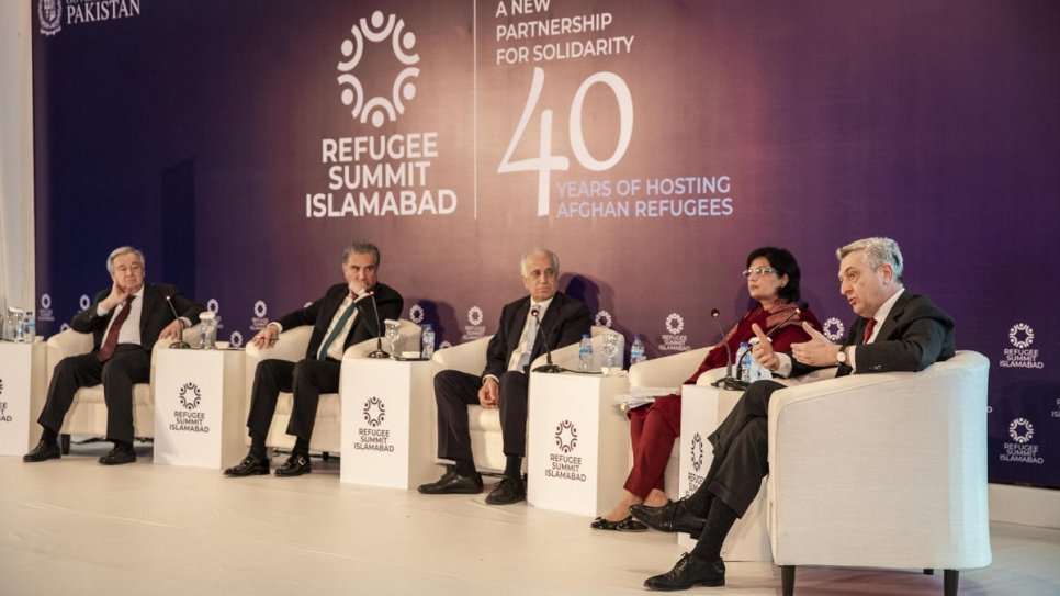 UN High Commissioner for Refugees Filippo Grandi (right) speaks during a panel discussion at the Refugee Summit in Islamabad.
