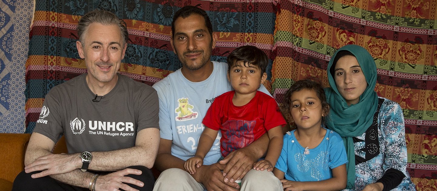 Lebanon. UNHCR High Profile Supporter Alan Cumming meets Syrian refugee Mzyed Haj Khalaf and his family at Rass Maska informal settlement