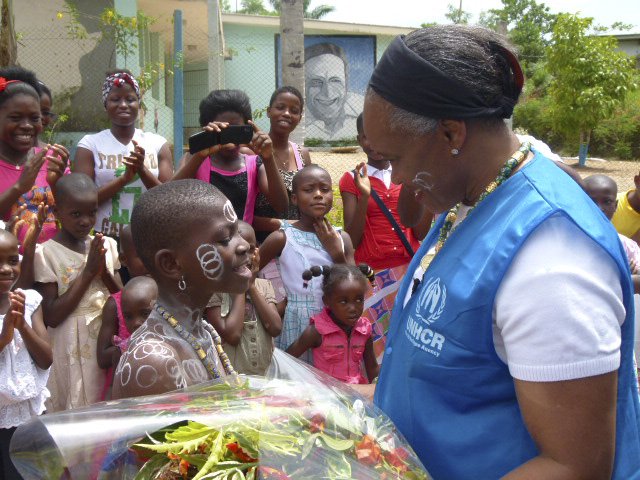 Barbara is greeted by one of the students of SOS Village in Aboisso, on the outskirts of Abidjan. She told the children that, "it is unacceptable to tell anyone that they do not have rights because they are stateless" and explained that her role as Goodwill Ambassador is to speak on their behalf, share their stories with the outside world and put a face to the problem of Statelessness, which is one of invisibility and exclusion from mainstream society. June 2014