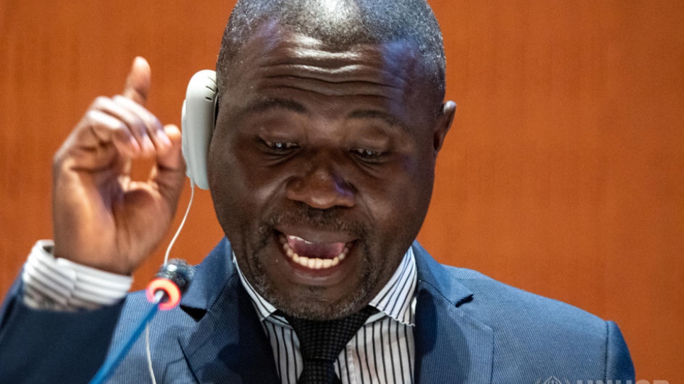 Ugandan refugee Charles Burikumaso Nsenga, speaks at a high-level dialogue on protection capacity at the 2019 Global Refugee Forum.