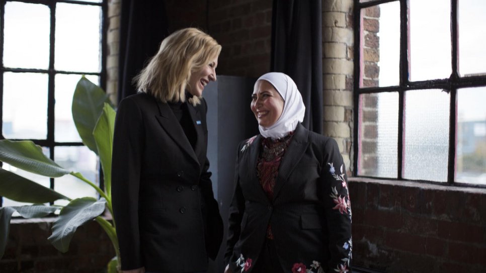 London. UNHCR Goodwill Ambassador Cate Blanchett with Razan Alsous, a refugee from Damascus, Syria, and Founder of Yorkshire Dama Cheese