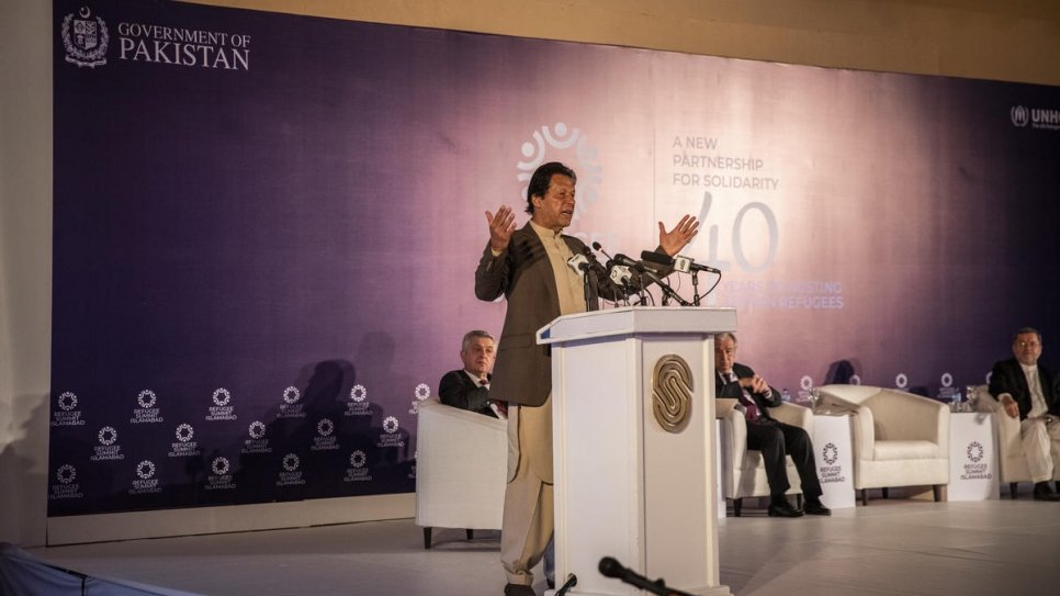 Imran Khan, Pakistan's Prime Minister, speaks at the Refugee Summit, where leaders recognized Pakistan and Iran's generosity as host countries and urged more support for Afghan refugees and their hosts.