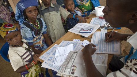 Cameroon / refugees from CAR / Garoua-Boula•, 246 km north from Bertoua. During the registration campaign held in November 2009, a young mother and her children are interviewed. She has been identified as a potential refugee during a first stage screening. Now, a UNHCR staff is trying to identify the place she comes from and how she reached Cameroon. These are crucial clues to determine whether someone is a Mbororo refugee or a Mbororo still living in CAR or a Cameroonian. / UNHCR / F. Noy / October 2009