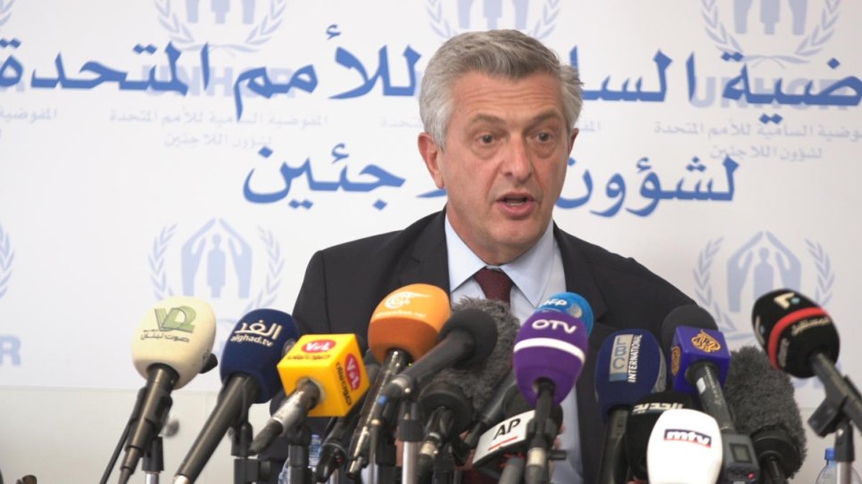 Le Haut Commissaire des Nations Unies pour les réfugiés, Filippo Grandi, lors de la conférence de presse organisée dans la capitale libanaise, Beyrouth. 