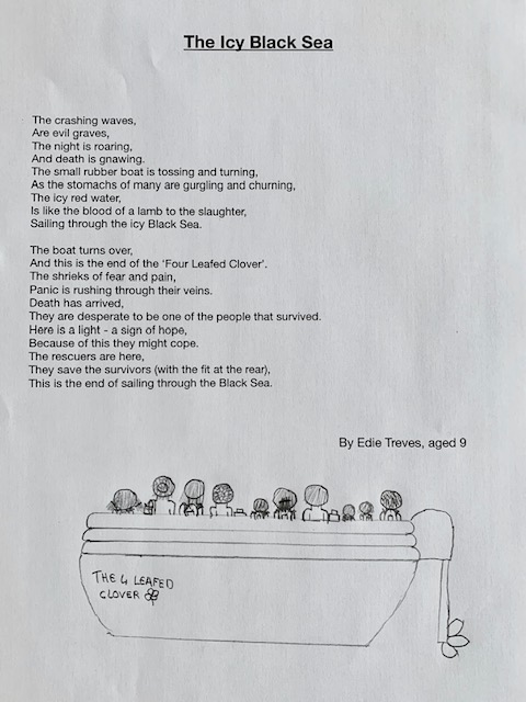 9 year old Edie Treves has been learning about refugees as part of her home schooling during the Covid 19 lockdown. She wrote this moving poem to share what she has learnt about the journeys refugees take to find safety.