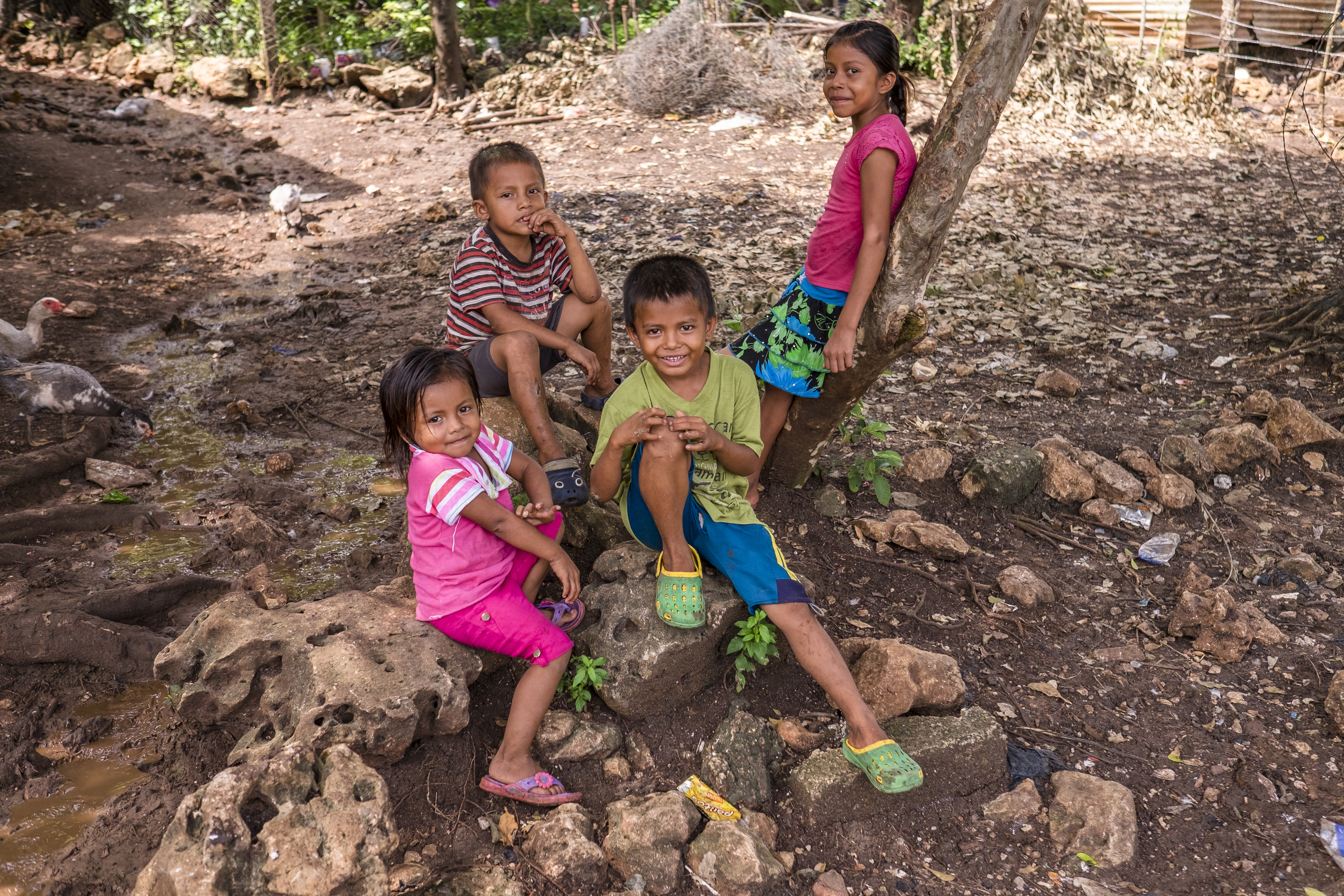 Four children play outside and smile for the camera.