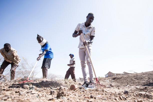 Men working on a clean up exercise in the fields.