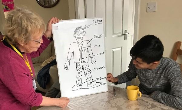 A women and a young adult working together over a sketch of the human body.