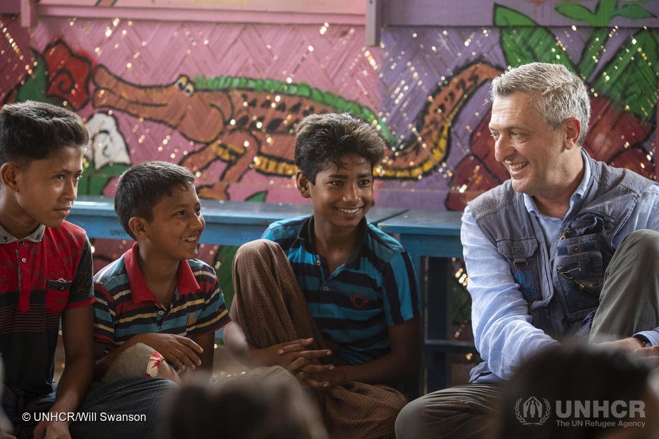 United Nations High Commissioner for Refugees Filippo Grandi meets with Rohingya refugee children at a mental health programme in Kutupalong camp.