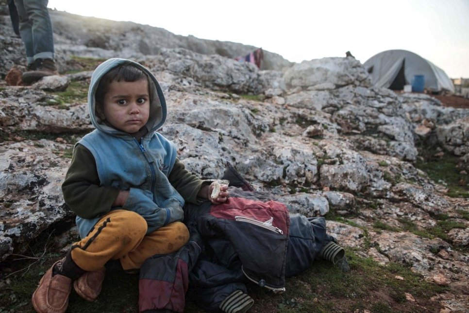 Syria. Young displaced boy fleeing violence near Idlib