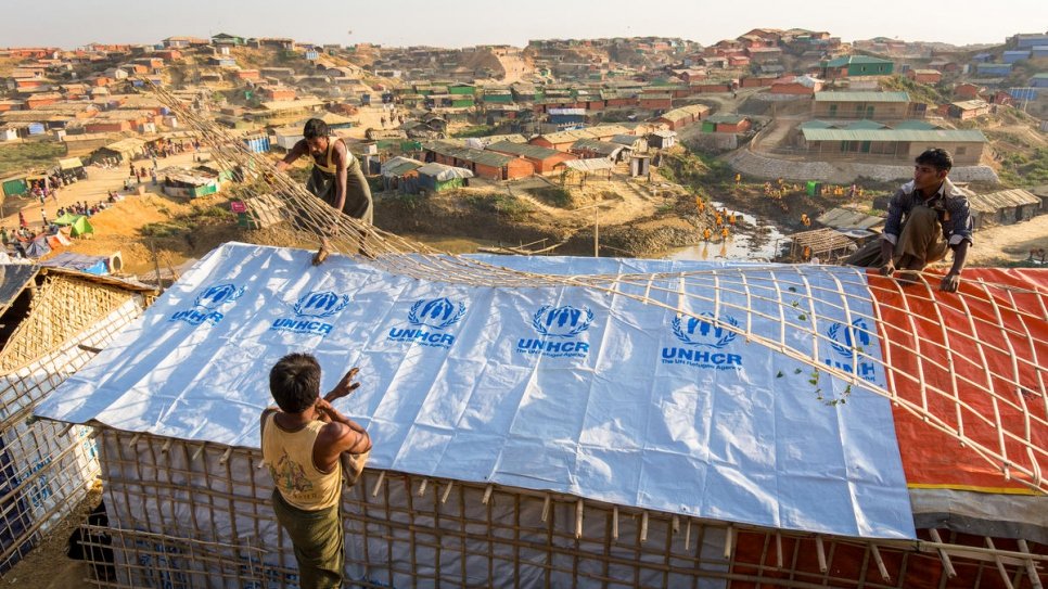 Rohingya refugees reinforce shelters with materials supplied by UNHCR at Kutupalong refugee settlement, Bangladesh. 
