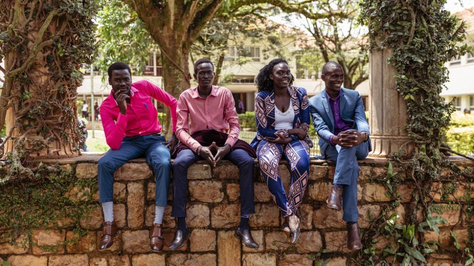 Refugee students (from left to right) Baraka, Kuot and Esther (all from South Sudan) and Innocent (from Rwanda), are photographed at Makerere University in Kampala, Uganda, where they are studying, thanks to UNHCR's DAFI programme.