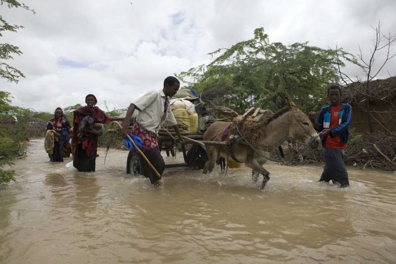 Des réfugiés somaliens fuient les inondations à Dadaab, au Kenya. Les camps de réfugiés de Dadaab sont situés dans des zones prédisposées à la fois aux inondations et à la sécheresse. De ce fait, la survie des réfugiés et la fourniture d’une assistance par le HCR constituent une véritable gageure. 