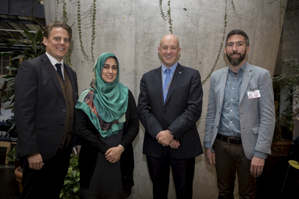 (L-R) CEO Better Shelter, Johan Karlsson, Global Youth Council Advisory Council member,  Safia Ibrahimkhel, UNHCR's Director of Division of Program Support and Management, Andrew Harper and Executive Director Autodesk, Joe Speicher at the Nobody Left Outside Global Shelter Campaign Cultivation Event.