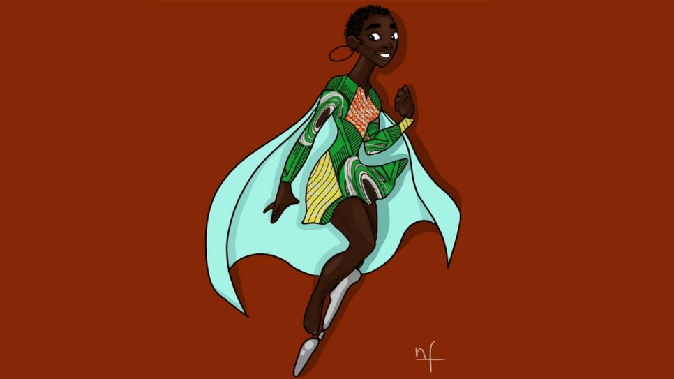 En France, Noémie a soumis ce dessin d'une super-héroïne inspirée par une jeune réfugiée soudanaise marchant sous la pluie dans l'une des publications du HCR sur Instagram. 