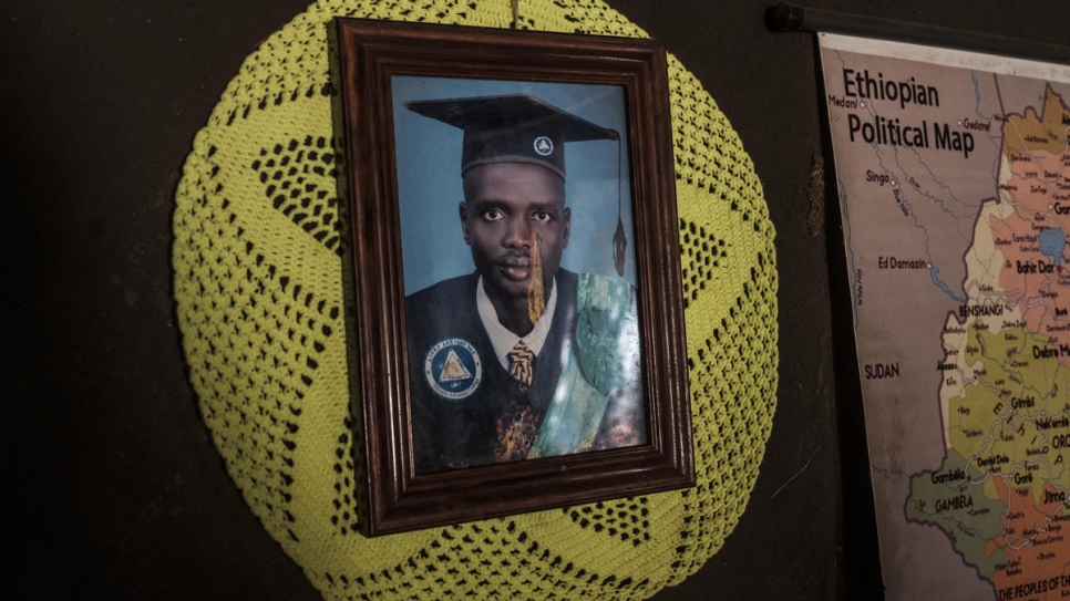 "I have been able to transfer the benefits of university to my family. I want the same for my children."

A picture of South Sudanese refugee teacher, James Tut, hangs on the wall of his home in Jewi camp, Ethiopia.