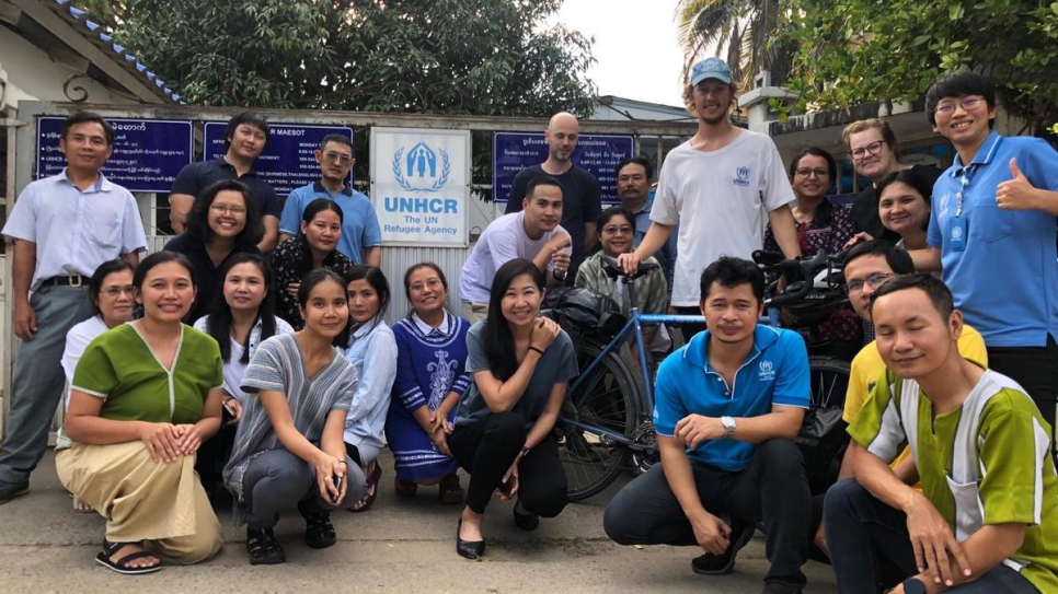 British cyclist Theo Foster arrives at UNHCR's Mae Sot field office in Thailand.
