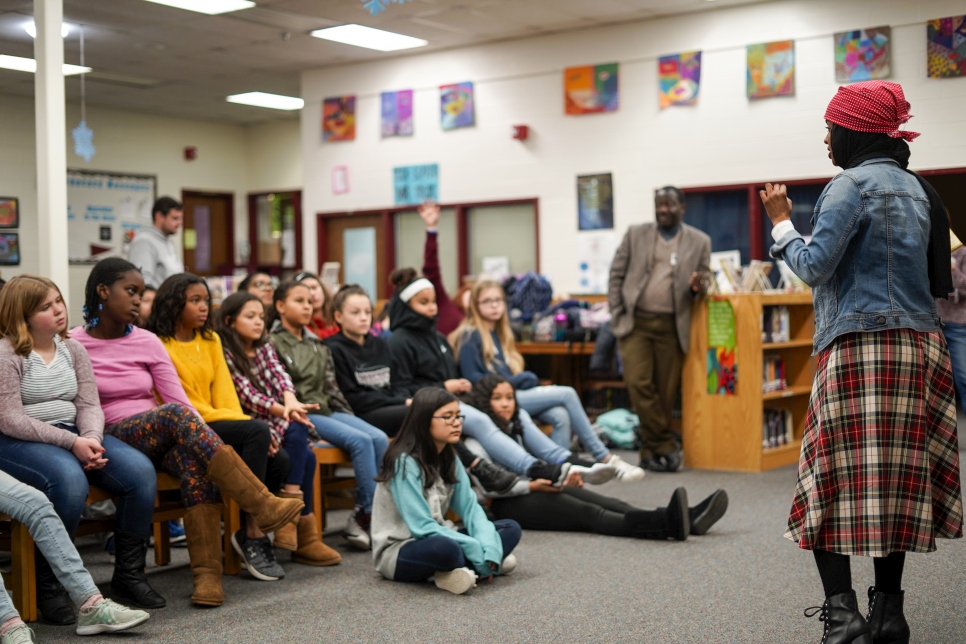 Children's book author and former Somali refugee Habso Mohamud answers questions from middle school students about her experience growing up in a refugee camp. Habso does book readings across the United States and around the world to share her story and empower children.