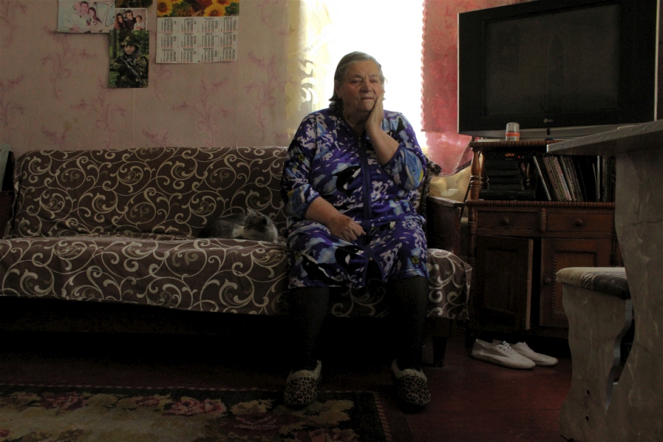 Ukraine. Displaced elderly woman struggles to survive as the government suspends her pension