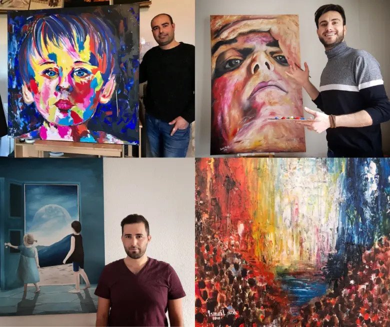 Ismail (en haut à gauche), Jason (en haut à droite) et Salam (en bas à gauche) de « Brotherly Art » avec leurs oeuvres