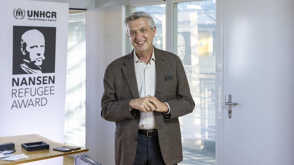 UN High Commissioner for Refugees Filippo Grandi recording part of the virtual Nansen Award ceremony from Geneva, Switzerland.