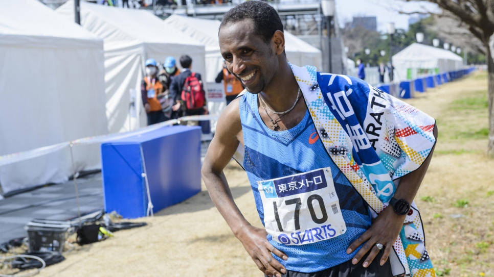 Yonas is the first refugee to compete in the elite race of the Tokyo Marathon.