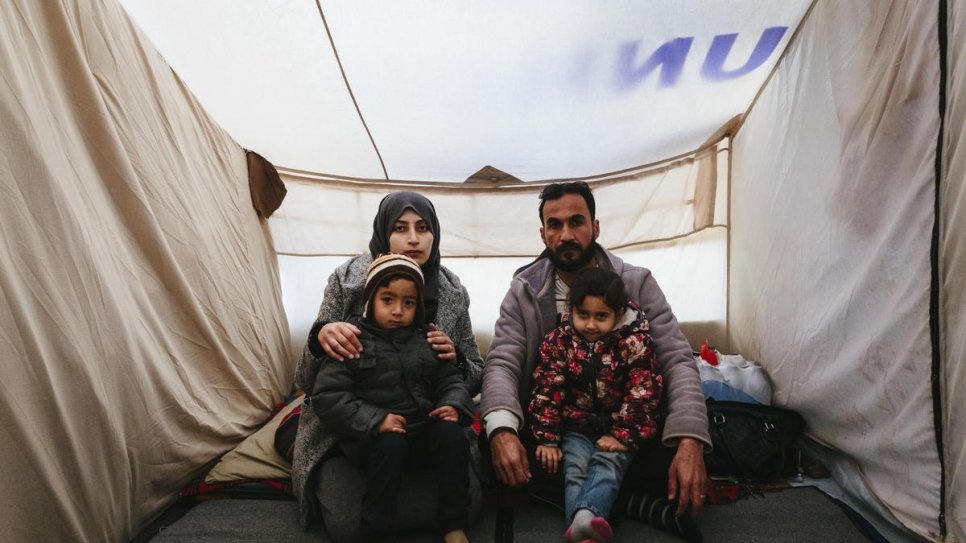 Omar lives with his wife and two children in a hut near the Moria reception and identification centre. His daughter Islam, 4, lost her hearing when a shell hit the family home in Deir ez-Zor, in eastern Syria.