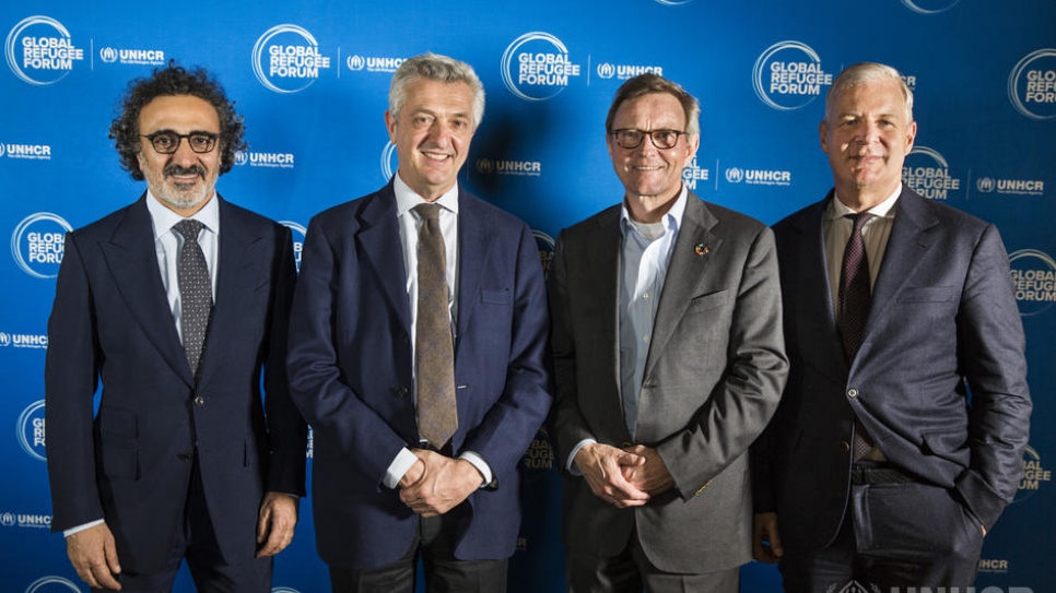 From left to right: Founder of the Tent Foundation Hamdi Ulukaya, UN High Commissioner for Refugees Filippo Grandi, CEO of the IKEA Foundation Per Heggenes, Secretary General of the International Chamber of Commerce John W.H. Denton.