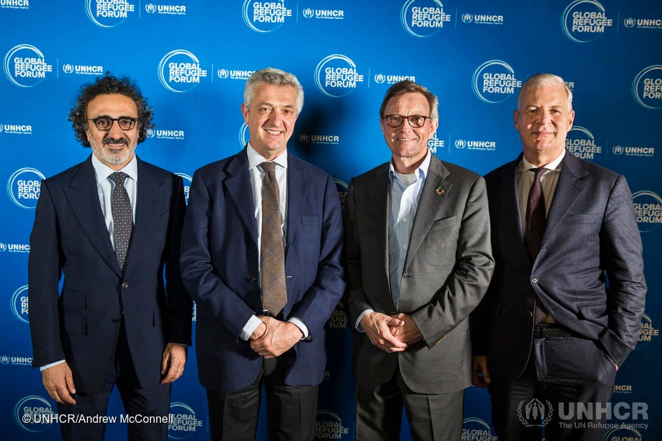 De gauche à droite : Hamdi Ulukaya, fondateur de la Tent Foundation, Filippo Grandi, Haut Commissaire des Nations Unies pour les réfugiés, Per Heggenes, PDG de la Fondation IKEA, et John W.H. Denton, Secrétaire général de la Chambre de commerce internationale.