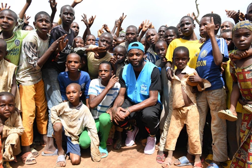 High profile supporter Alexandre Song visits the Gado refugee camp in eastern Cameroon