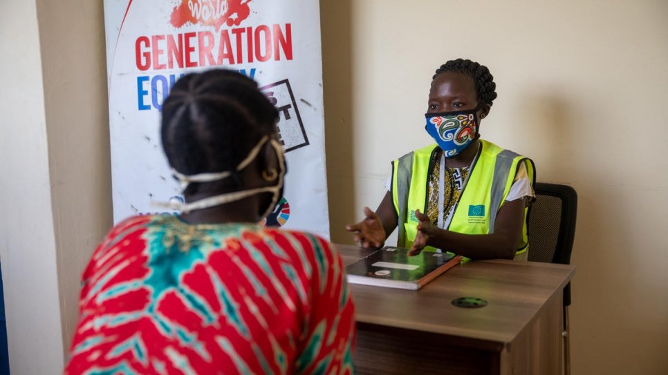 Mary Husuro, a 26-year-old South Sudanese refugee, conducts a counselling session at Kakuma refugee camp in Kenya.