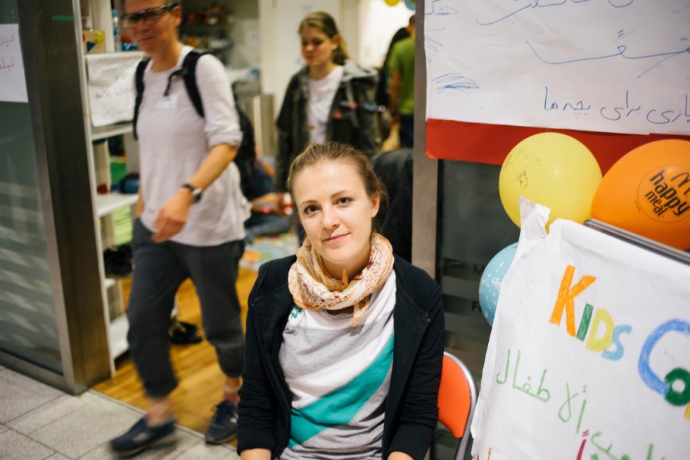 Simone looks after refugee children at the ''Kids Corner'' in Vienna's Westbahnhof train station. She is also studying at university and working as a waitress. 