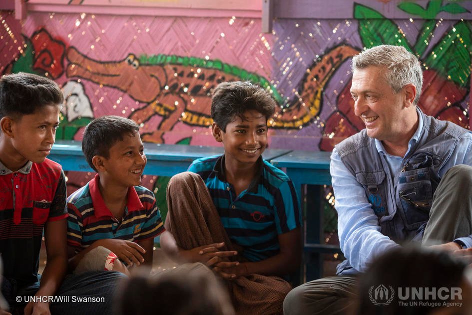 United Nations High Commissioner for Refugees Filippo Grandi meets with Rohingya refugee children at a mental health programme in Kutupalong camp.