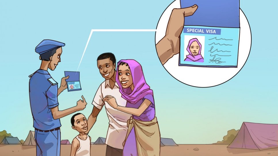 This picture is part of a series that illustrates the winning ideas from UNHCR's 2020 MUN Refugee Challenge. The drawings are by Mukah Ispahani, a young Cameroonian artist who was among the winners of UNHCR's Youth with Refugees Art Contest. 