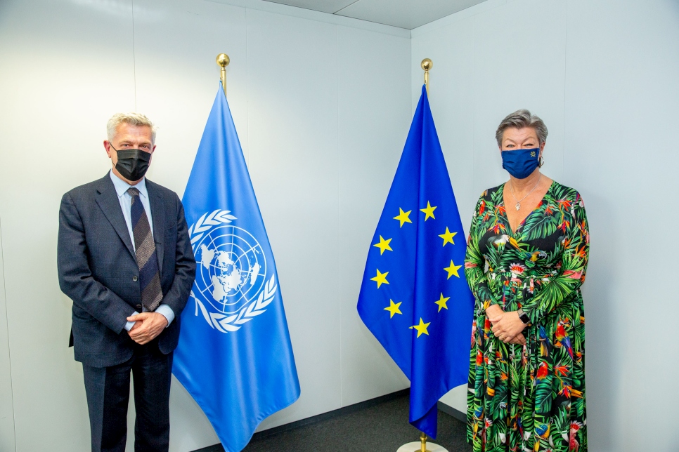 Le Haut Commissaire des Nations Unies pour les réfugiés Filippo Grandi au point de presse conjoint avec la Commissaire européenne aux Affaires intérieures, Ylva Johansson. 