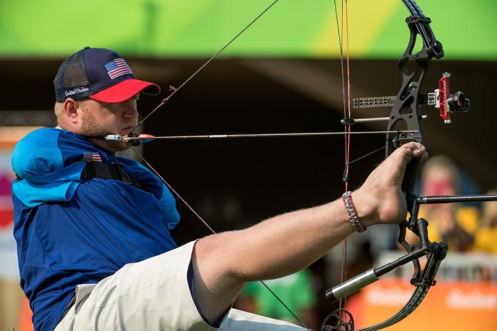 Matt Stutzman USA competes in the Men's Archery Individual Compound Open 1/8 Elimination Round against Andrey Muniz de Castro BRA at Sambodromo. 