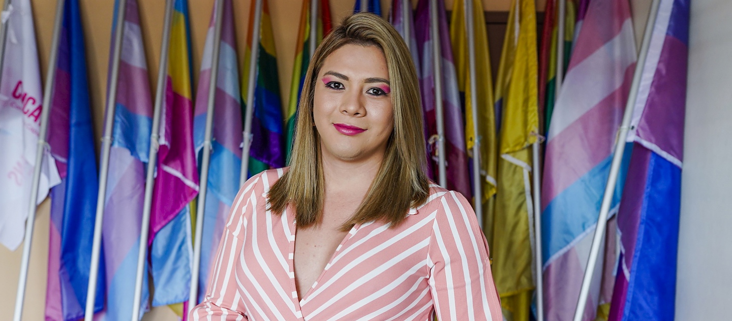 LGBT activist Bianka Rodriguez has her portrait taken at the offices of COMCAVIS Trans in San Salvador.