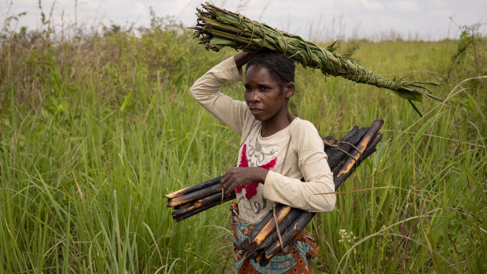 Marie Ngokoli walks home from the forest after picking asparagus and leaves used to wrap cassava tubers to sell at market. 