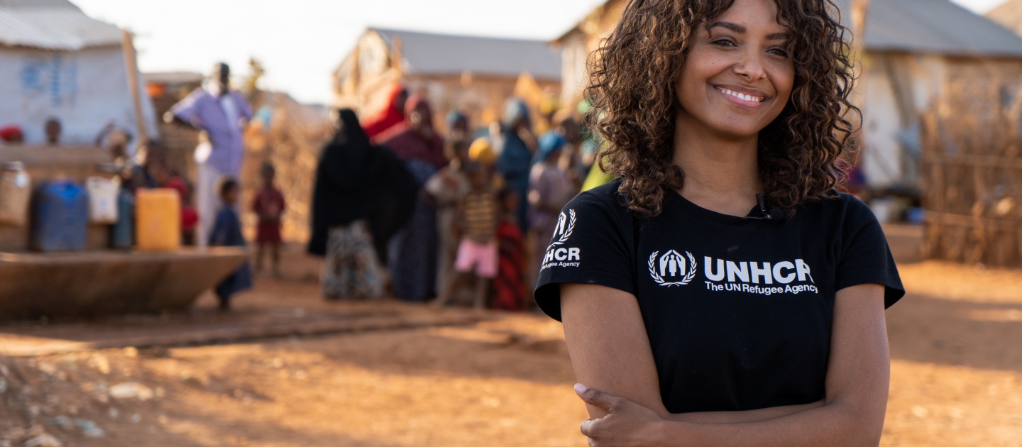 Newly appointed UNHCR Goodwill Ambassador Kat Graham visiting refugees in Melkadida camp, Ethiopia, in July 2019. 