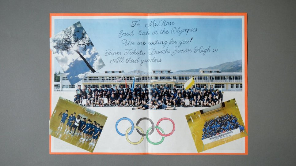 A good luck card to Rose ahead of her 800-metre race from pupils at Takata Daiichi Junior High School in Rikuzen-Takata, Japan.