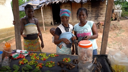  Former refugee Augustine returned to Côte d’Ivoire in 2016. As a physically disabled person and a widow with four children, she has received UNHCR’s support to build a house and enough money to start a small business.