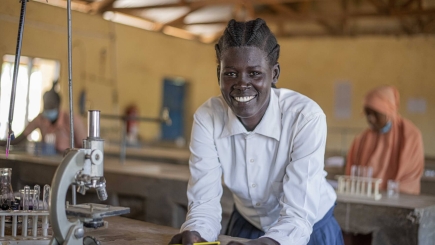 Nyater a refugee from South Sudan studying in the laboratory