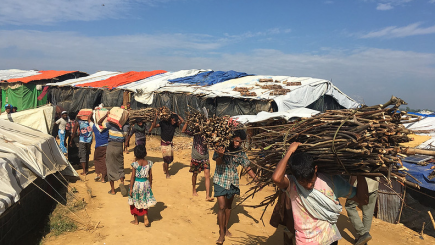 People carrying firewood over their shoulders in a camp setting. 