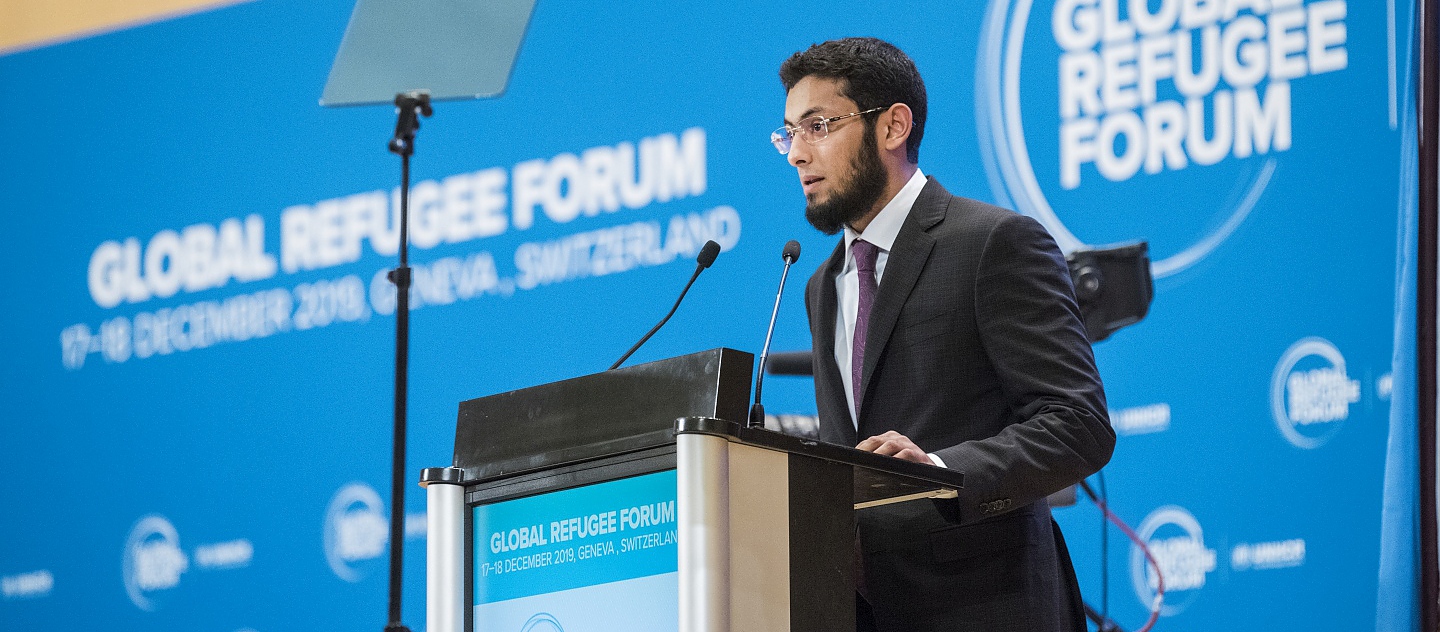 Sheikh Khalifa Bin Thani Al-Thani, head of the of Qatar's Al-Thani Humanitarian Fund, addresses the plenary session on responsibility and burden-sharing at the Global Refugee Forum at the Palais des Nations in Geneva. 