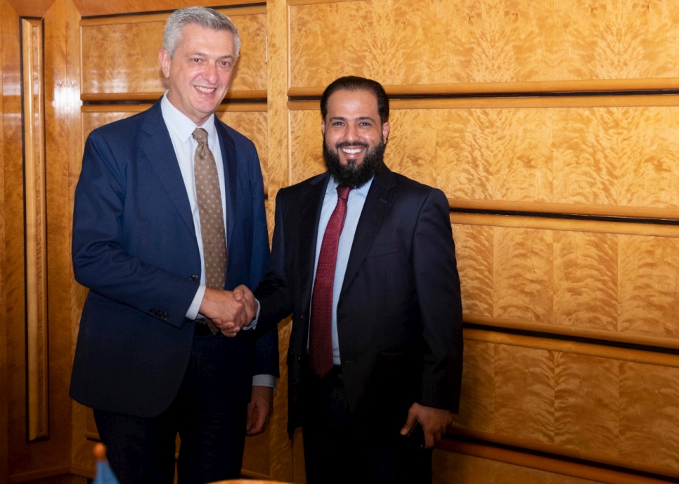 UN High Commissioner for Refugees Filippo Grandi is photographed with Dr. Ayedh Al-Qahtani, a Senior Representative of the Thani Bin Abdullah Bin Thani Al-Thani Humanitarian Fund, after a meeting to formalise the appointment of H.E. Sheikh Thani Bin Abdullah Bin Thani Al-Thani as UNHCR Eminent Advocate. 