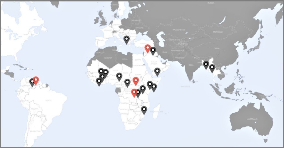 A map of the world indicating different refugee situations around the globe.