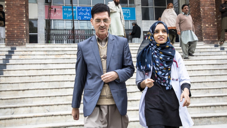 Saleema and her father Abdul Rehman, 49, at the Holy Family Hospital. "If there is a problem in my community they ask me because I have a daughter who is a doctor. It's a great sense of pride for us," says Abdul.